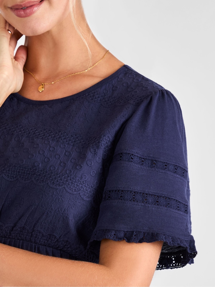 JoJo Maman Bébé Navy Broderie Lace Trim Maternity Jersey Top - Image 4 of 4