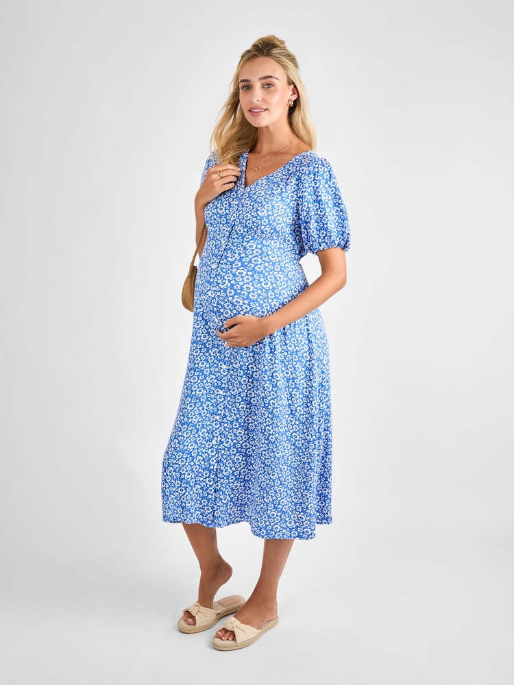 JoJo Maman Bébé Blue Floral Maternity Midi Dress - Image 4 of 5