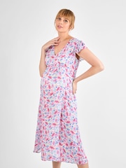 JoJo Maman Bébé Cream Floral Frill Sleeve Maternity Midi Dress - Image 1 of 4