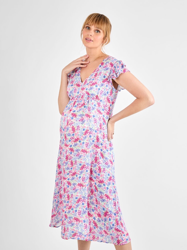 JoJo Maman Bébé Cream Floral Frill Sleeve Maternity Midi Dress - Image 1 of 4