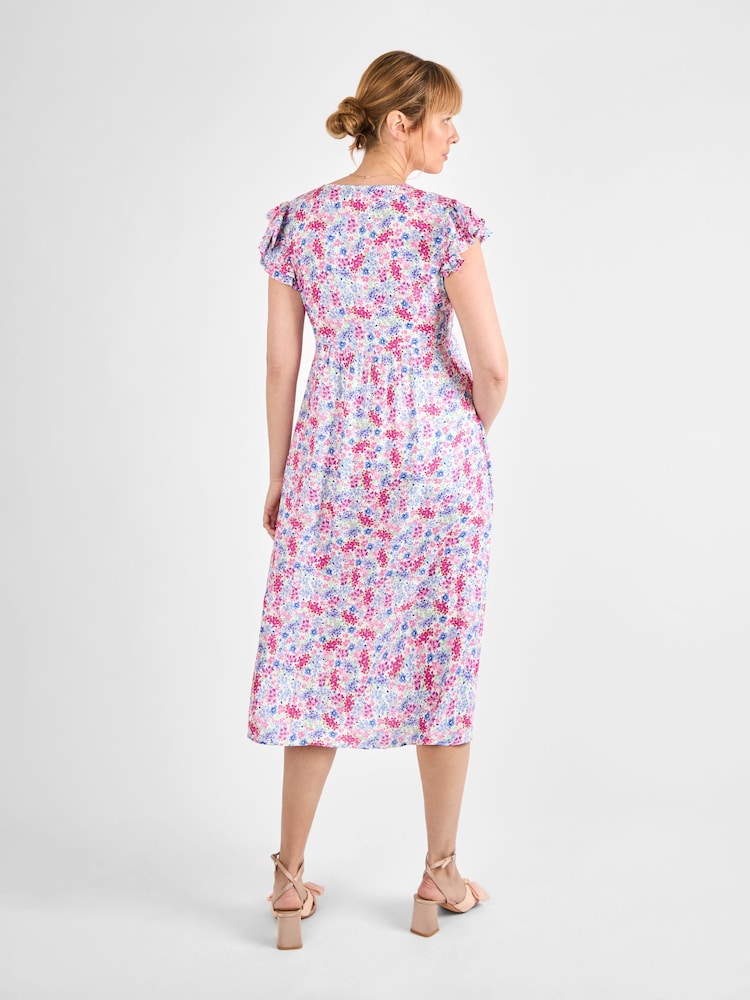 JoJo Maman Bébé Cream Floral Frill Sleeve Maternity Midi Dress - Image 2 of 4