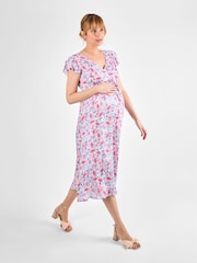 JoJo Maman Bébé Cream Floral Frill Sleeve Maternity Midi Dress - Image 3 of 4
