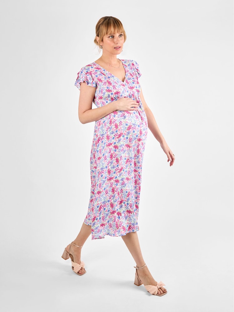 JoJo Maman Bébé Cream Floral Frill Sleeve Maternity Midi Dress - Image 3 of 4