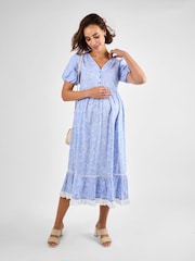 JoJo Maman Bébé Blue Floral Print Maternity Midi Dress - Image 1 of 5