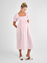 JoJo Maman Bébé Pink Gingham Shirred Maternity Midi Dress - Image 1 of 4