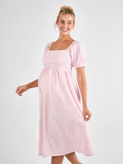 JoJo Maman Bébé Pink Gingham Shirred Maternity Midi Dress - Image 2 of 4