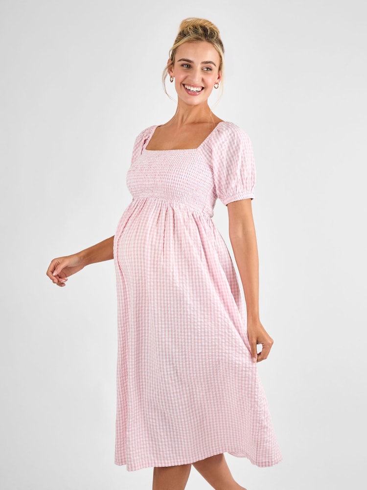 JoJo Maman Bébé Pink Gingham Shirred Maternity Midi Dress - Image 2 of 4