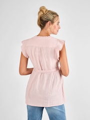 JoJo Maman Bébé Rose Maternity Frill Sleeve Textured 100% Cotton Blouse - Image 2 of 4