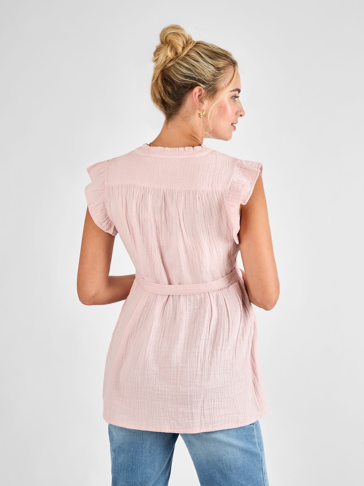 JoJo Maman Bébé Rose Maternity Frill Sleeve Textured 100% Cotton Blouse - Image 2 of 4