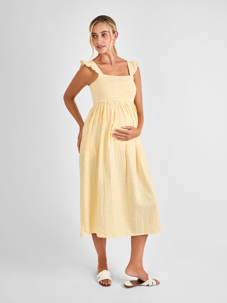 JoJo Maman Bébé Yellow Gingham Shirred Maternity Midi Dress - Image 2 of 5