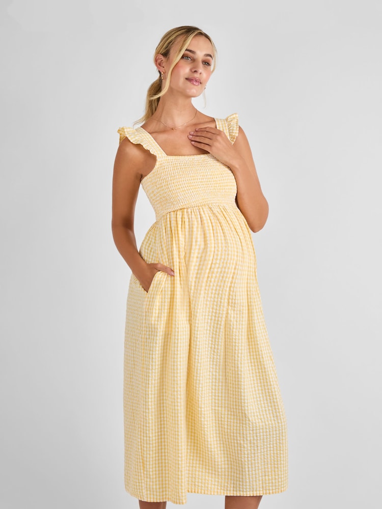 midi yellow maternity dress Outline | Lemon Crew-Neck Maternity Maxi Dress With Pleated Skirt