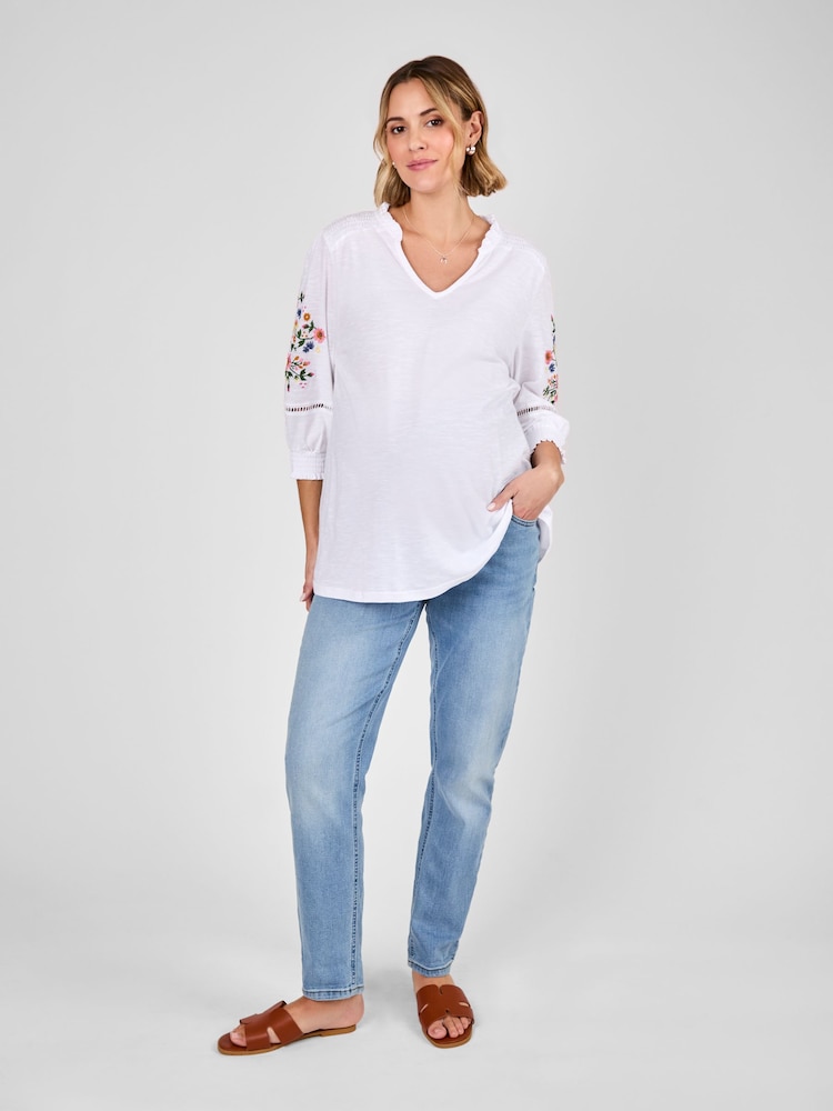 JoJo Maman Bébé White Maternity Embroidered Jersey Top - Image 4 of 4