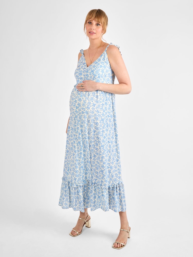 JoJo Maman Bébé Cream Floral Frill Sleeve Maternity Midaxi Dress - Image 4 of 5