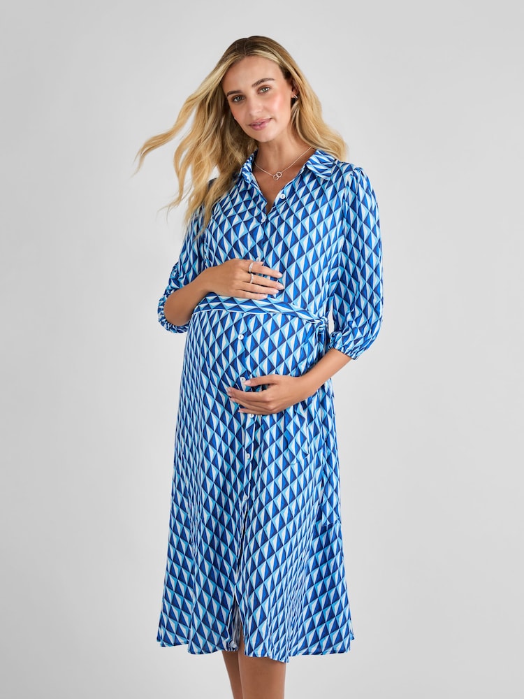 JoJo Maman Bébé Blue Button Through Maternity Midi Shirt Dress - Image 1 of 4