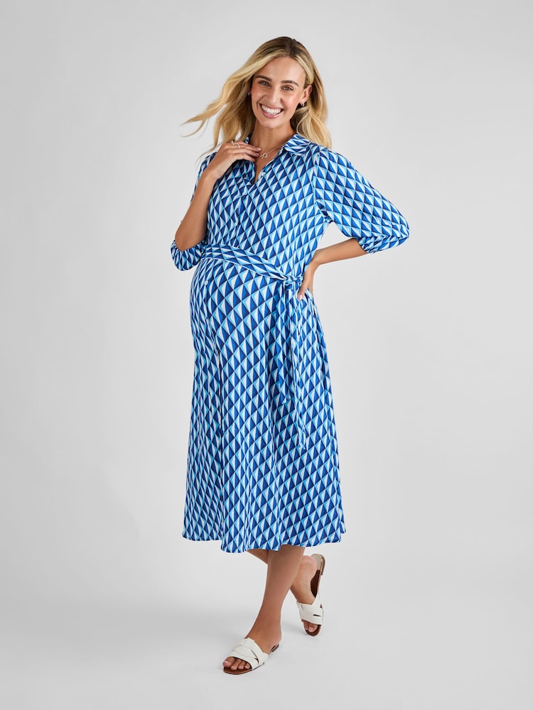 JoJo Maman Bébé Blue Button Through Maternity Midi Shirt Dress - Image 3 of 4