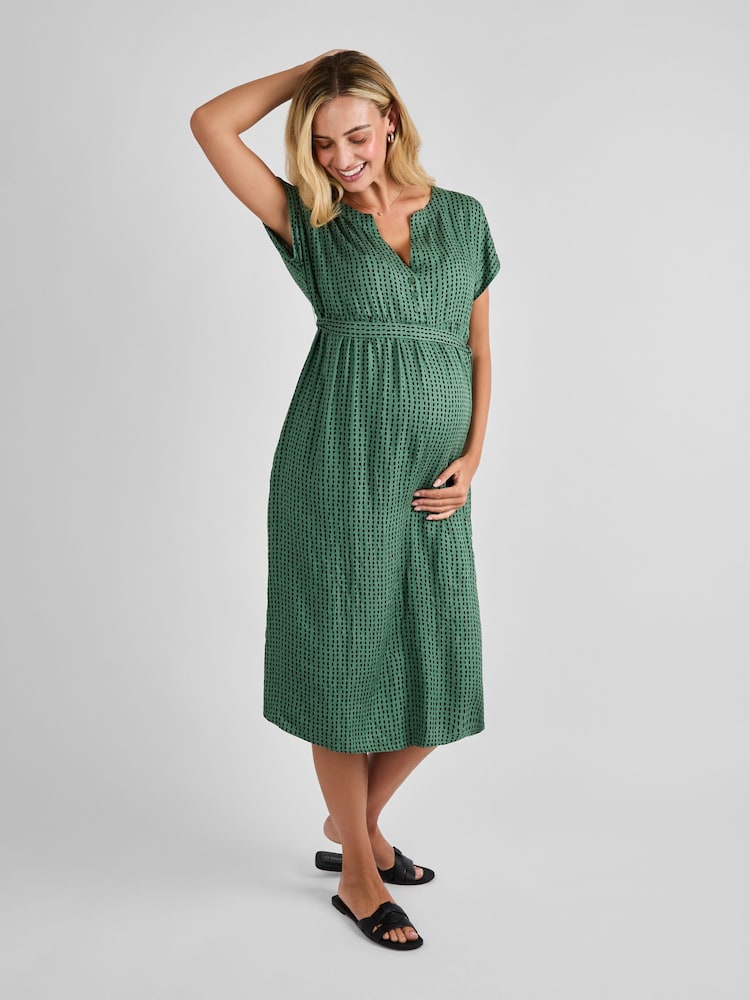 slim fit dress slacks Green Satin Wrap Top Maternity Midi Dress – PinkBlush