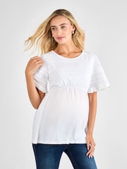 JoJo Maman Bébé White Broderie Lace Trim Maternity Jersey Top - Image 1 of 4