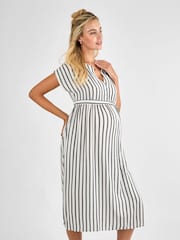 JoJo Maman Bébé Black Cream Stripe Button Front Maternity Midi Dress - Image 1 of 4