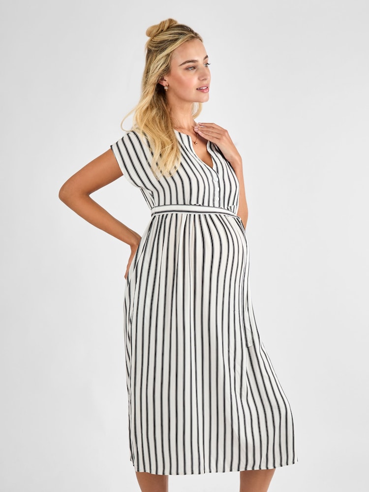 JoJo Maman Bébé Black Cream Stripe Button Front Maternity Midi Dress - Image 1 of 4