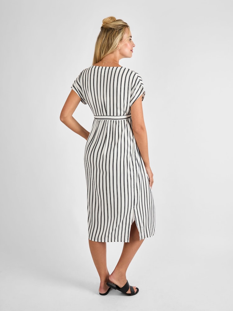 JoJo Maman Bébé Black Cream Stripe Button Front Maternity Midi Dress - Image 2 of 4