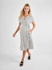 JoJo Maman Bébé Black Cream Stripe Button Front Maternity Midi Dress - Image 3 of 4