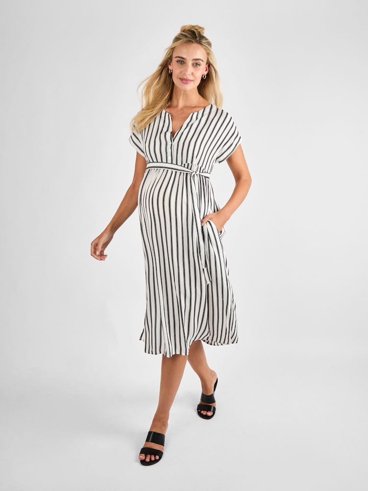 JoJo Maman Bébé Black Cream Stripe Button Front Maternity Midi Dress - Image 3 of 4