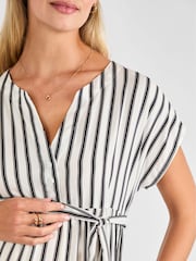 JoJo Maman Bébé Black Cream Stripe Button Front Maternity Midi Dress - Image 4 of 4