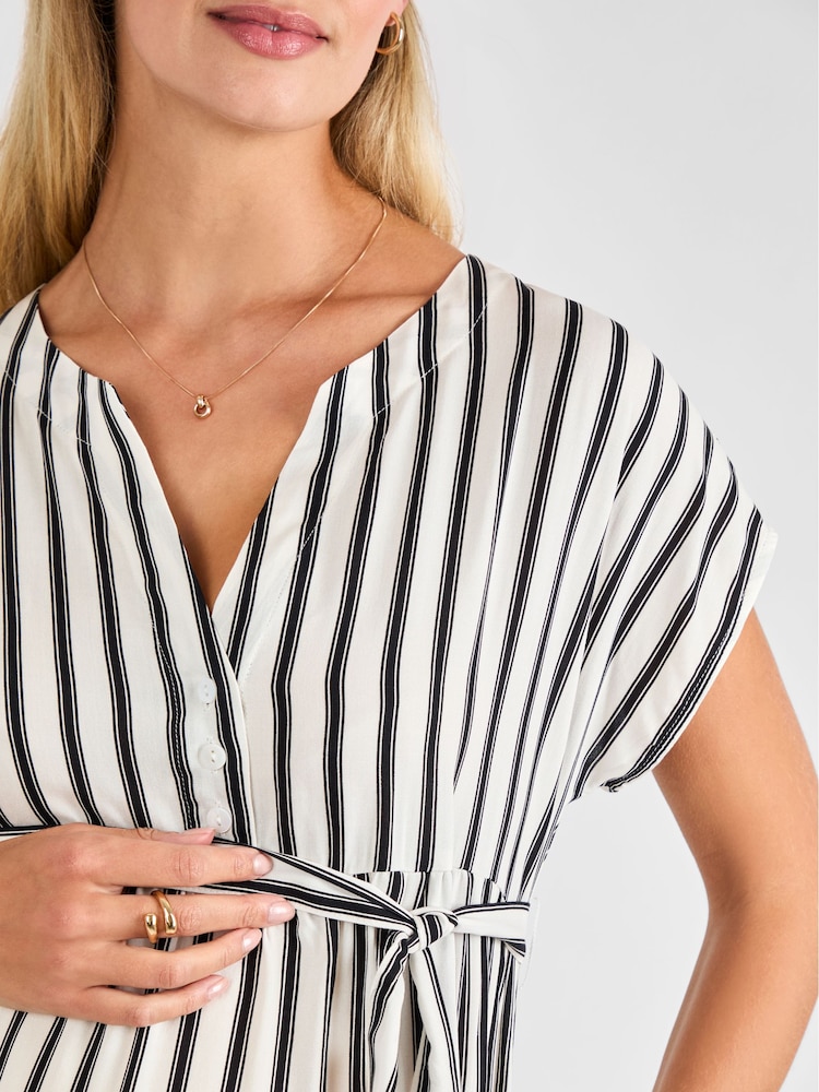JoJo Maman Bébé Black Cream Stripe Button Front Maternity Midi Dress - Image 4 of 4