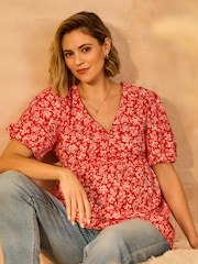 JoJo Maman Bébé Red Maternity Short Sleeve Seersucker 100% Cotton Blouse - Image 1 of 5