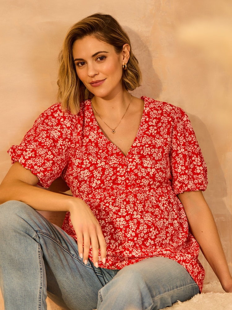 JoJo Maman Bébé Red Maternity Short Sleeve Seersucker 100% Cotton Blouse - Image 1 of 5