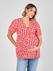 JoJo Maman Bébé Red Maternity Short Sleeve Seersucker 100% Cotton Blouse - Image 2 of 5