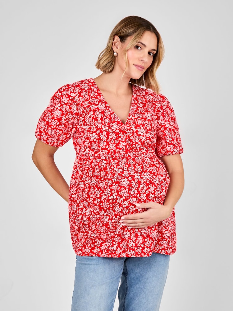JoJo Maman Bébé Red Maternity Short Sleeve Seersucker 100% Cotton Blouse - Image 2 of 5