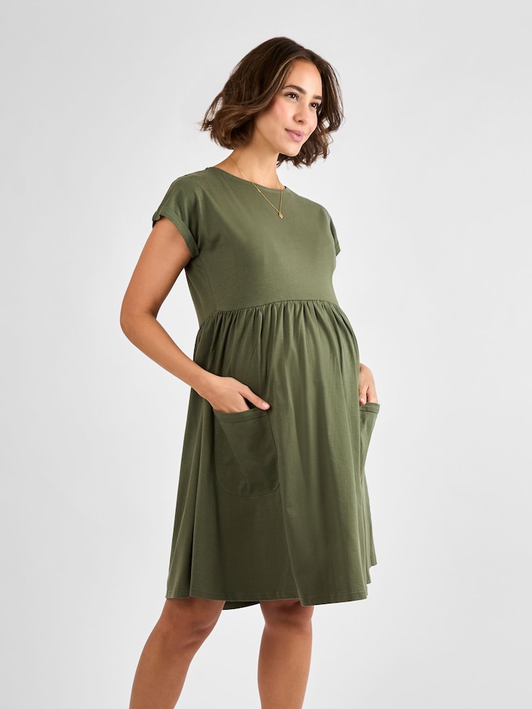 JoJo Maman Bébé Khaki Pocket Maternity T-Shirt Dress - Image 3 of 4