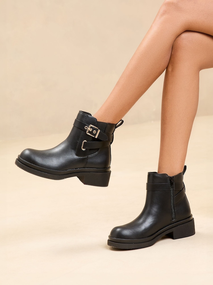 Lipsy Black Wide Fit Chunky Multi Strap Faux Leather Buckle Faux Leather Ankle Boots - Image 1 of 4