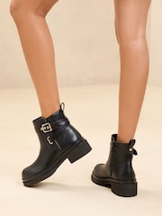 Lipsy Black Wide Fit Chunky Multi Strap Faux Leather Buckle Faux Leather Ankle Boots - Image 3 of 4