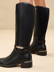 Lipsy Black Wide Fit Flat Clean Knee High Lock Detail Long Riding Faux Leather Boots - Image 2 of 5