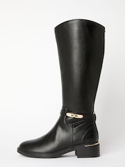 Lipsy Black Wide Fit Flat Clean Knee High Lock Detail Long Riding Faux Leather Boots - Image 5 of 5