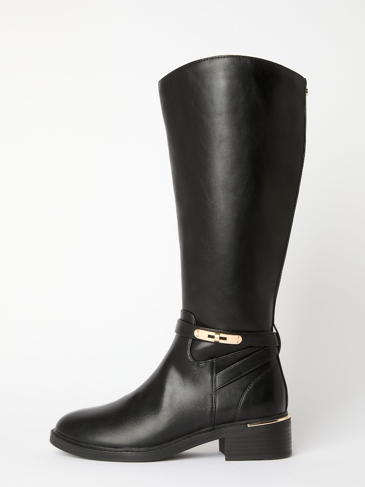 Lipsy Black Wide Fit Flat Clean Knee High Lock Detail Long Riding Faux Leather Boots - Image 5 of 5
