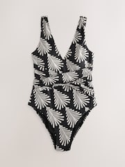 Black/Cream Fan Print Plunge Tummy Control Swimsuit - Image 6 of 8