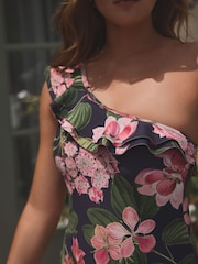 Navy/Pink Floral Kew Collection One Shoulder Frill Tummy Control Swimsuit - Image 5 of 7