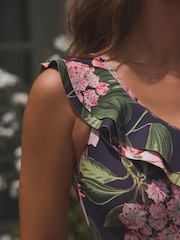 Navy/Pink Floral Kew Collection One Shoulder Frill Tummy Control Swimsuit - Image 6 of 7