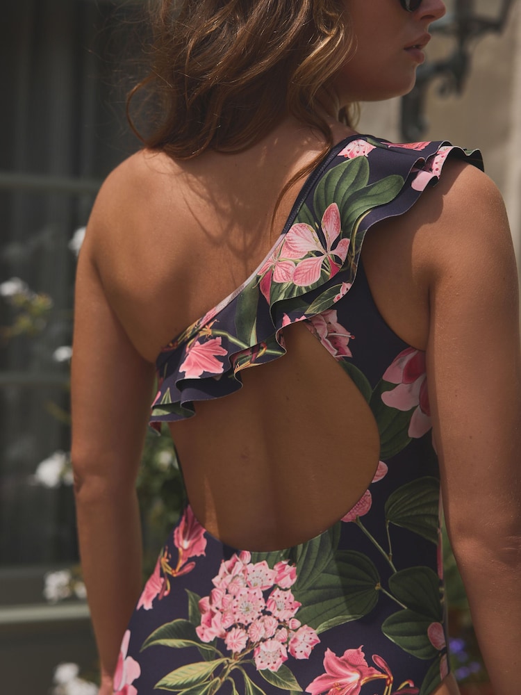 Navy/Pink Floral Kew Collection One Shoulder Frill Tummy Control Swimsuit - Image 7 of 7