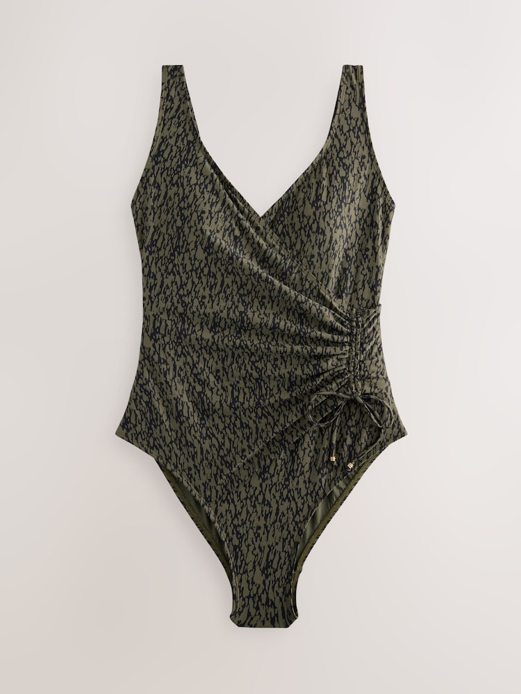 Khaki Green/Black Ruched Side Tummy Shaping Control Swimsuit - Image 8 of 10