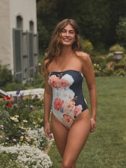 Navy/Cream/Coral Floral Print Tummy Control Contrast Strap Bandeau Swimsuit - Image 2 of 8