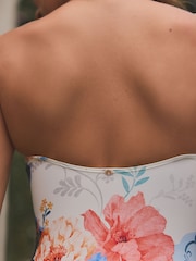 Navy/Cream/Coral Floral Print Tummy Control Contrast Strap Bandeau Swimsuit - Image 5 of 8