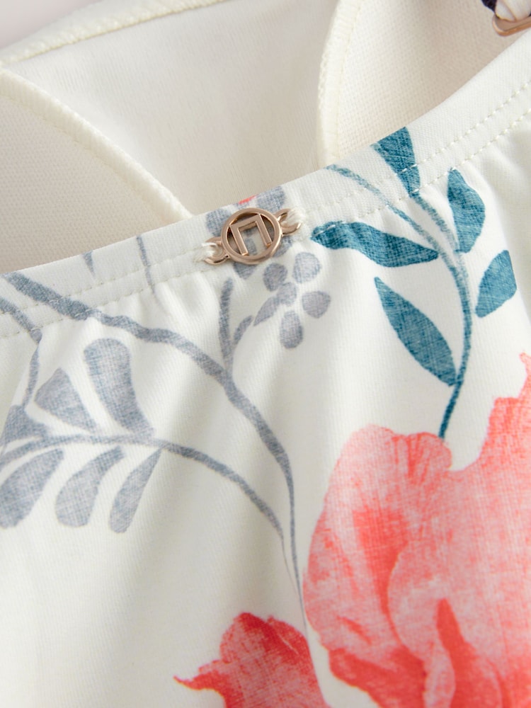 Navy/Cream/Coral Floral Print Tummy Control Contrast Strap Bandeau Swimsuit - Image 8 of 8