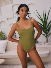Vert kaki Vert effet froissé - Self Maillot de bain gainant à encolure montante - Image 1 of 6