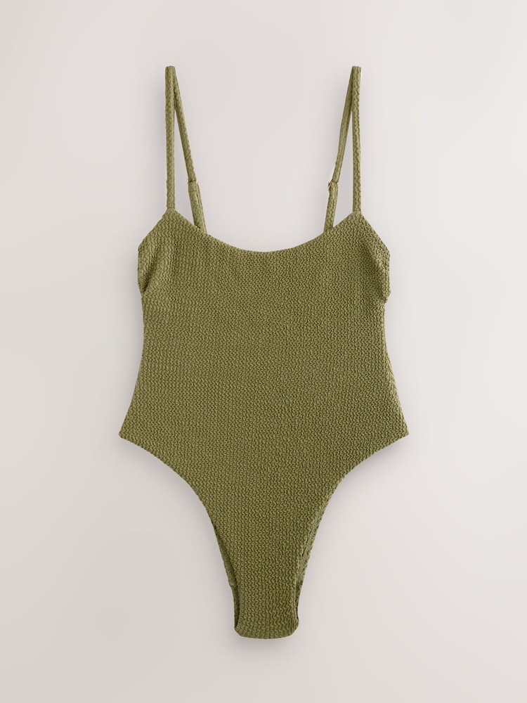 Vert kaki Vert effet froissé - Self Maillot de bain gainant à encolure montante - Image 3 of 6