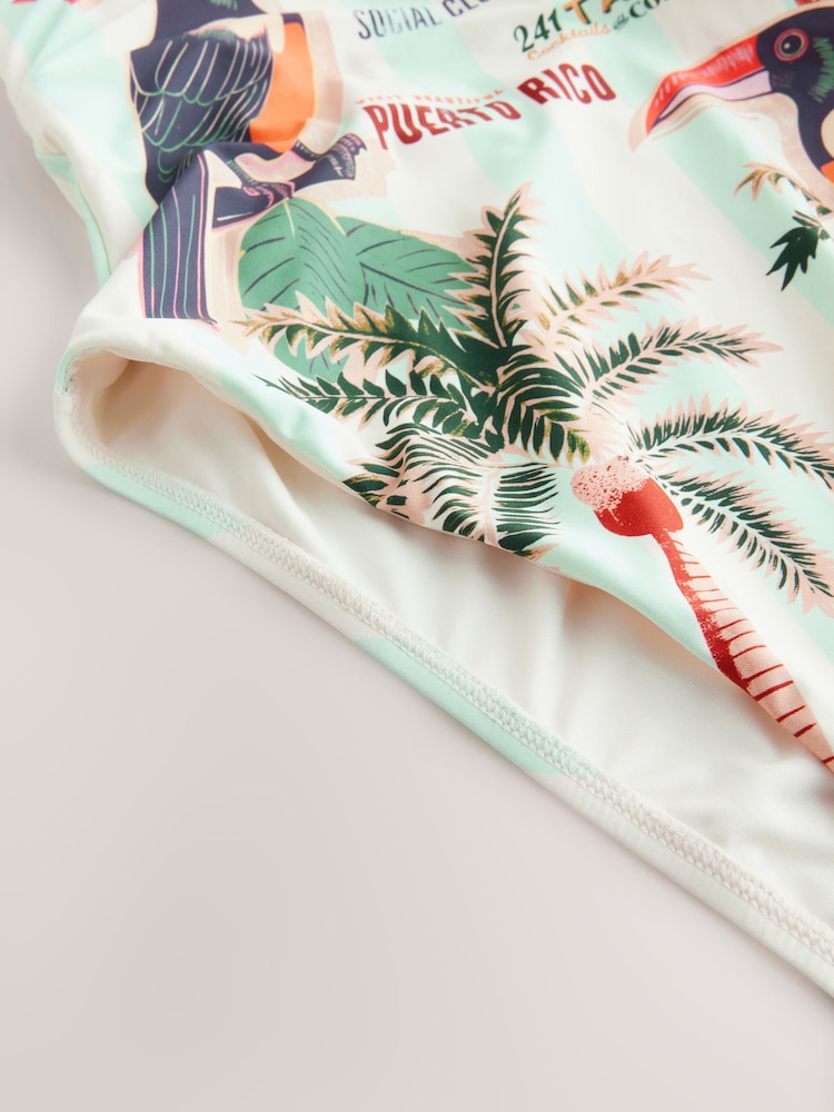 Blue/Cream Stripe Palm Tummy Control High Leg Scoop Swimsuit - Image 9 of 9