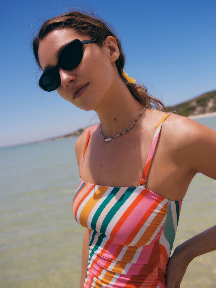 Bright Multicolour Stripe Bandeau Ruched Leg Tummy Control Shaping Swimsuit - Image 6 of 6
